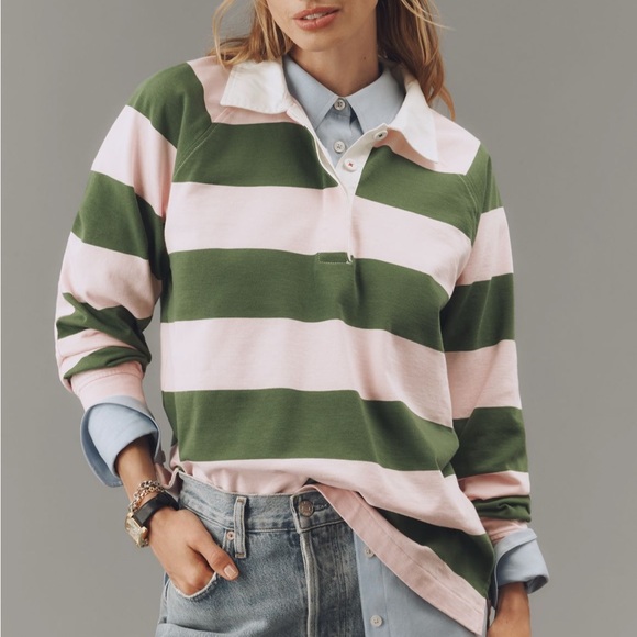 Clare V Tops - Clare V Pink and Green Striped Rugby Polo